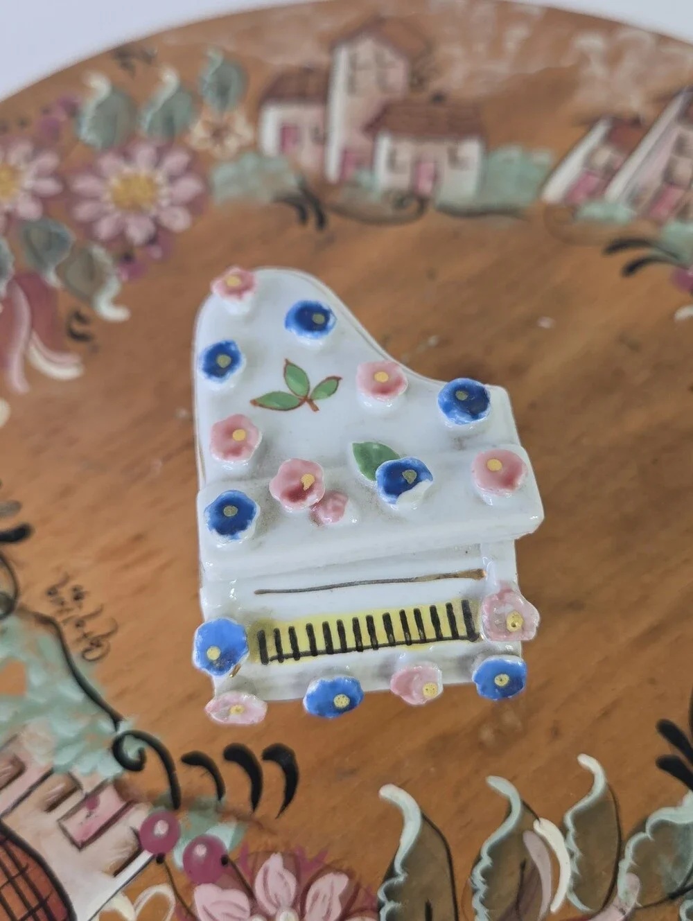VTG Porcelain Piano Trinket Box Hand Painted Floral Japan Miniature Jewelry Doll